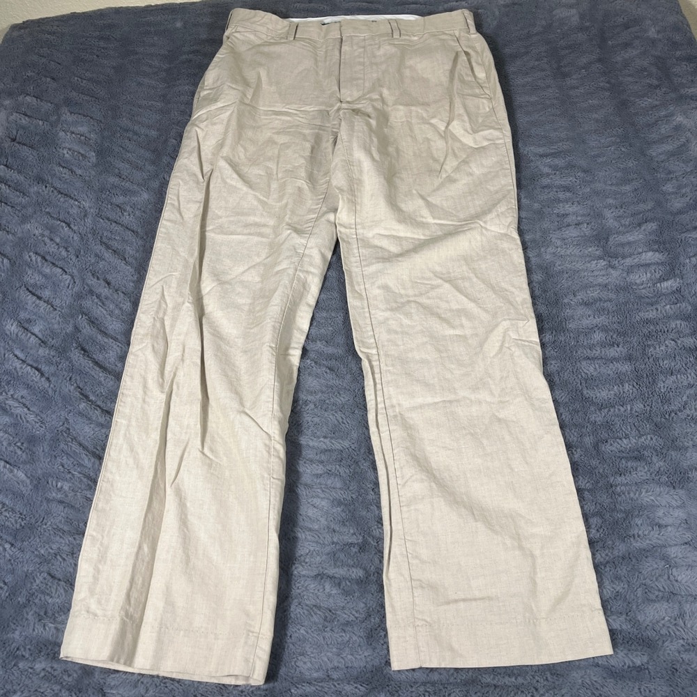 Cubavera Mens 32x32 Beige Cotton Linen Herringbone Flat Front Straight Pants